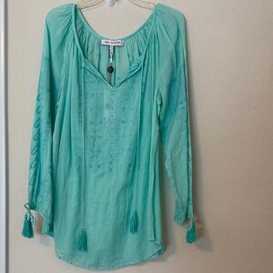 Nanette Lepore Aqua Embroidered Tassel Peasant Tunic
